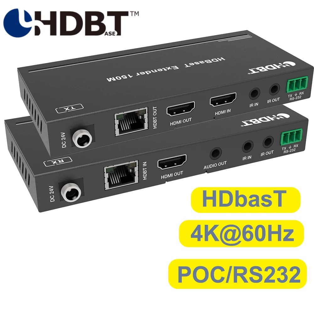 Extender HDBaseT 4K 60Hz with Audio 150M Extender HDMI Professional 2.0 on Ethernet cable Cat6/5e supports RS232 and IR control