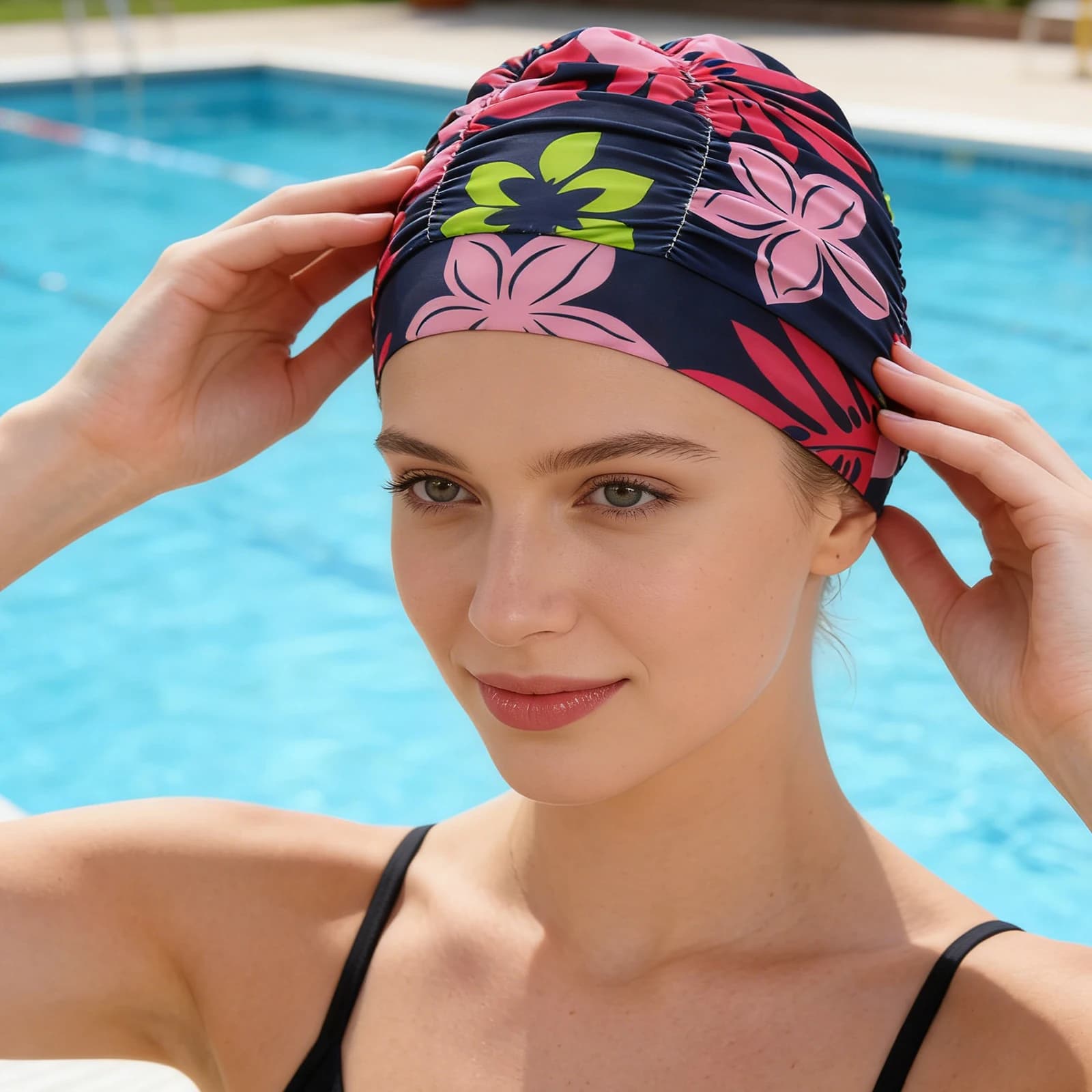 Printed Fabric Swim Cap Breathable Quick Drying Swimming Hat Lightweight Ear Protection Bathing Caps for Long & Short Hair