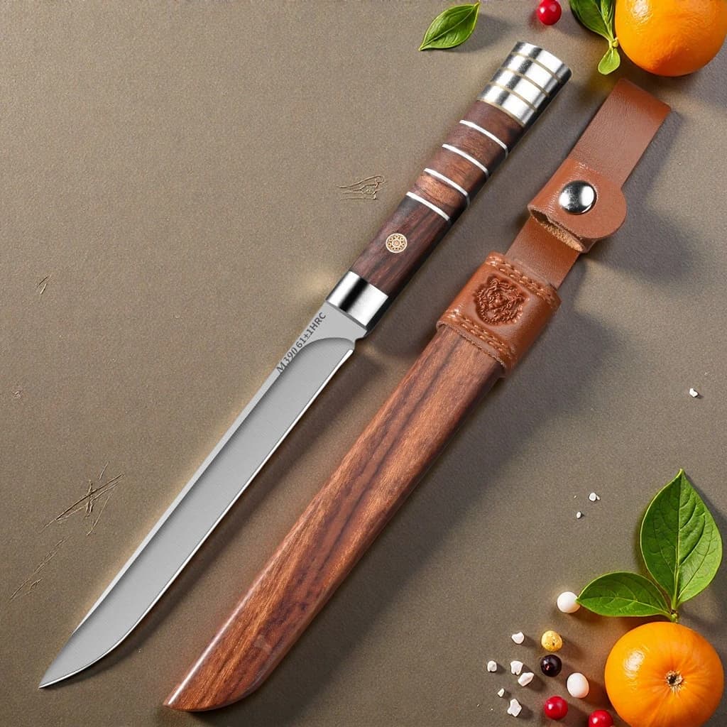 High hardness stainless steel kitchen knife, professional fruit knife with leather sheath, ideal for cutting meat and cooking
