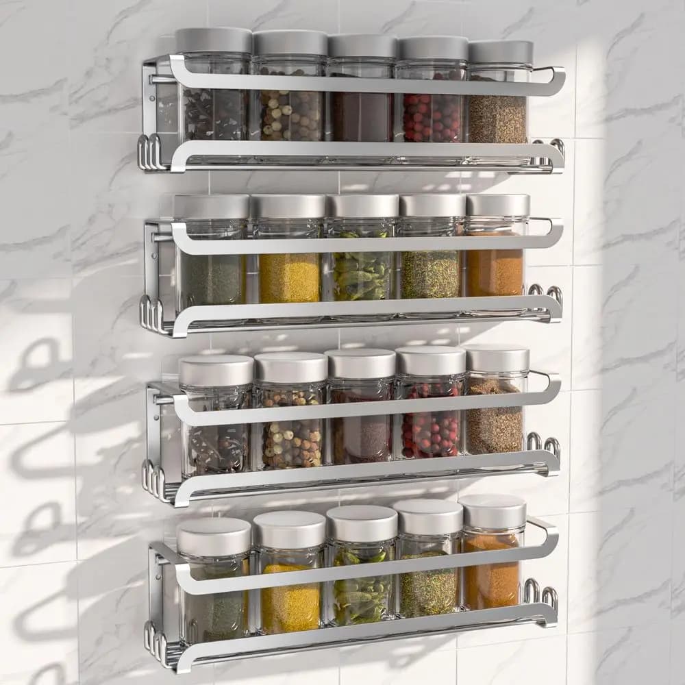 4 Pack Wall-Mounted Spice Rack with 16 Hooks, Kitchen and RV Organizer, Silver