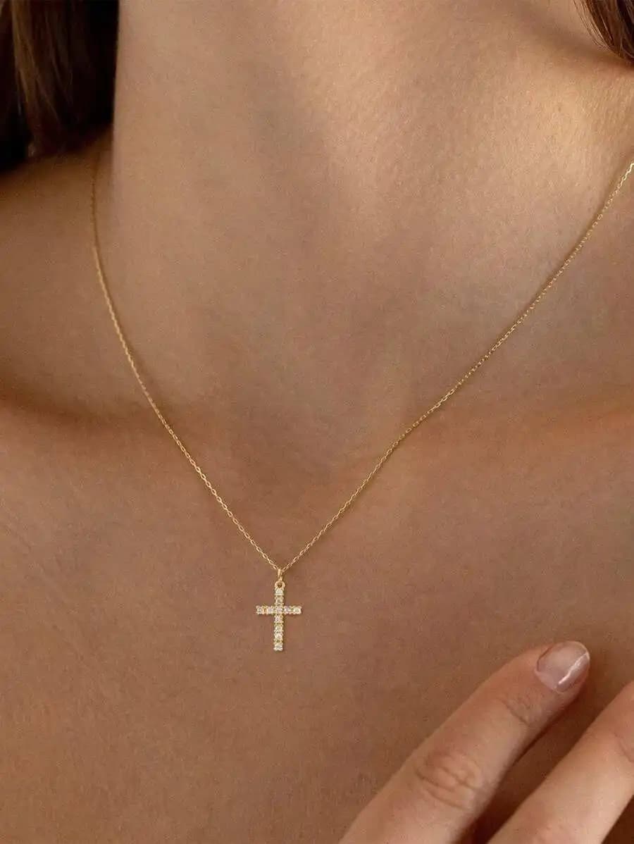 Biokia 1 piece Minimalist stainless steel delicate cross pendant necklace, inlaid with micro-paved zirconia