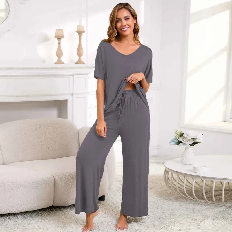 Pigiama a maniche corte da donna 2 pezzi Pullover Casual Homewear Scollo a V Tinta unita Pigiama da donna con pantaloni a gamba larga