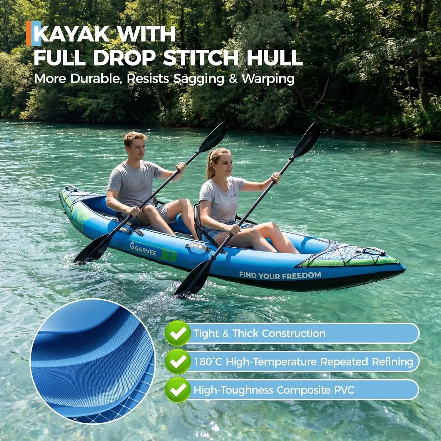 Kayak Gonfiabile, Kayak Tandem in PVC Resistente con Sedili e Schienale Regolabili, Pagaie in Alluminio, Pompa ad Alta Potenza, Kayak da Pesca Portatile per Lago, Fiume, Oceano, Kayak Ricreativo per Adulti e Bambini