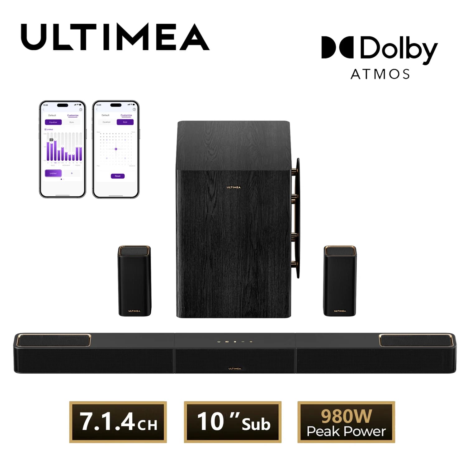 ULTIMEA Sistema Audio Surround 7.1.4, Soundbar TV con Dolby Atmos e Controllo APP, Altoparlante Bluetooth per Casa con Subwoofer Wireless da 10 Pollici