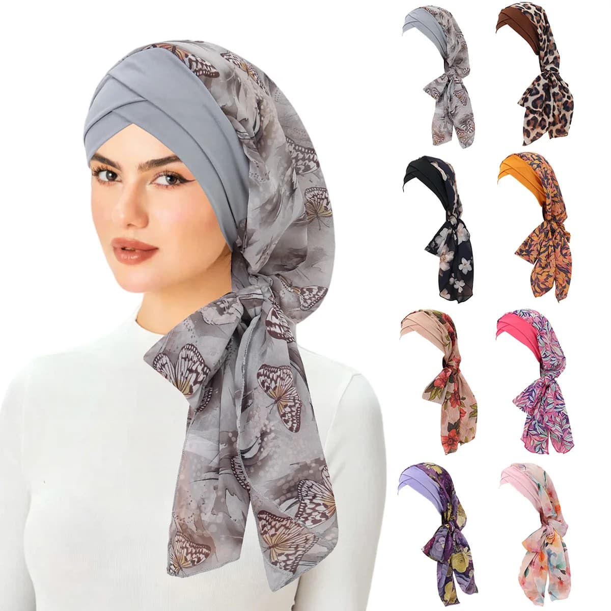 Set da 2 Pezzi: Turbante in Chiffon Stampato da Donna, Sottohijab Musulmano, Copricapo per Perdita di Capelli, Berretto con Coda Lunga, Bandana