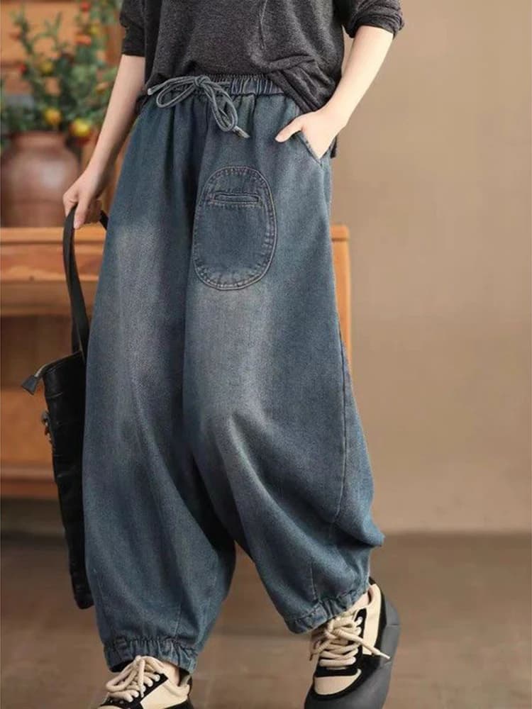 Jeans casual versatili coreani da donna per la primavera e l'autunno, nuovi pantaloni a lanterna alla moda con coulisse e vita elastica.
