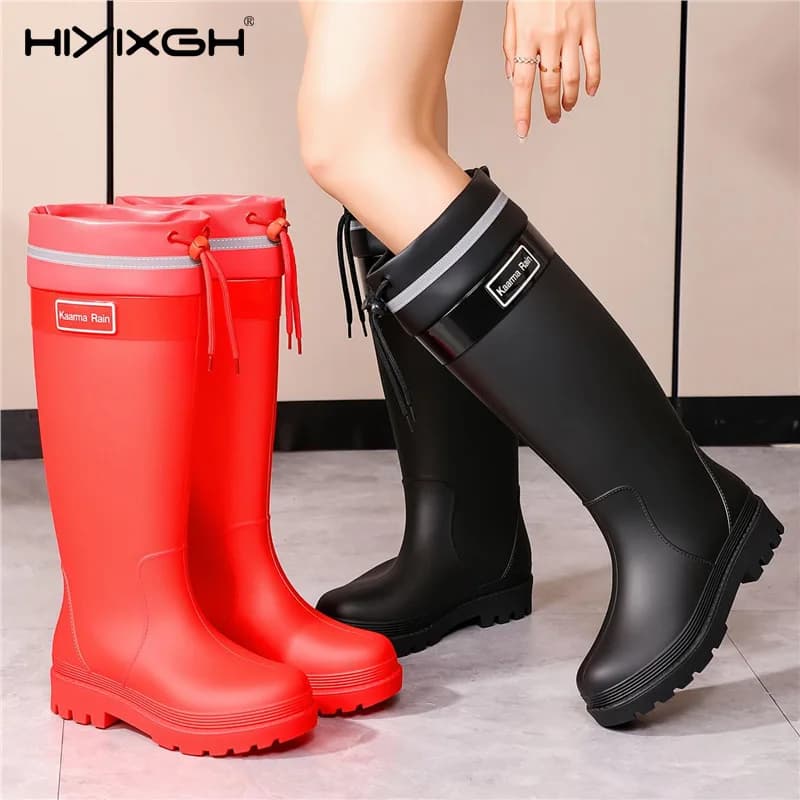 Fashionable Waterproof Women's Hiking Shoes High-Tube Thickened Low Heel Pure Color Rain Boots Suitable for All Seasons