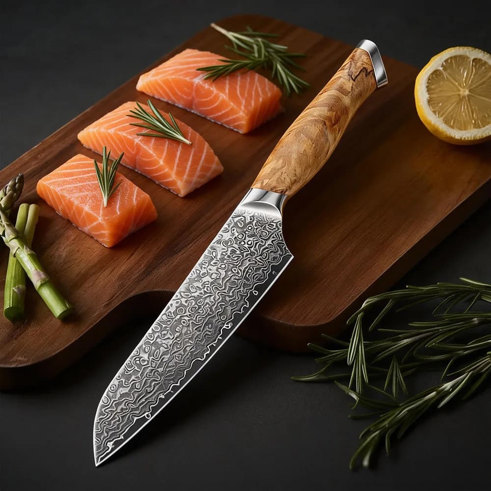 RHON Set di 7 Coltelli da Cucina in Acciaio Damascato, Coltelli da Chef per Carne, Gyuto, Affettare, Disossare, Tagliare Costine, Pane, Multiuso, Frutta