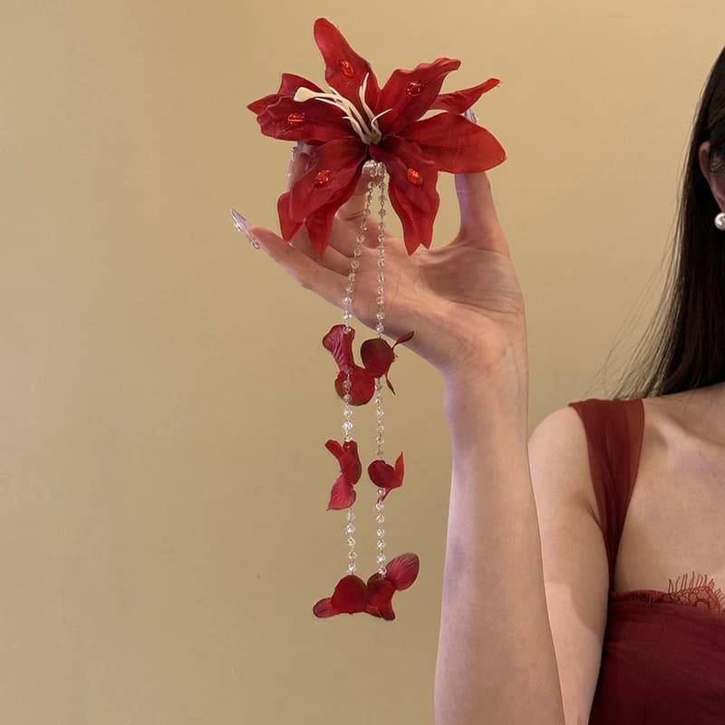 **1PC Red Flower Duckbill Clip Simulation Flower Hairpin Glass Beads Long Tassel Hairpin Girls Women Headdress Accessory