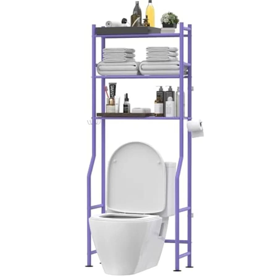 Scaffale a 3 livelli da posizionare sopra il WC, scaffali da bagno autoportanti in metallo con 4 ganci, scaffale sopra il WC con porta carta igienica