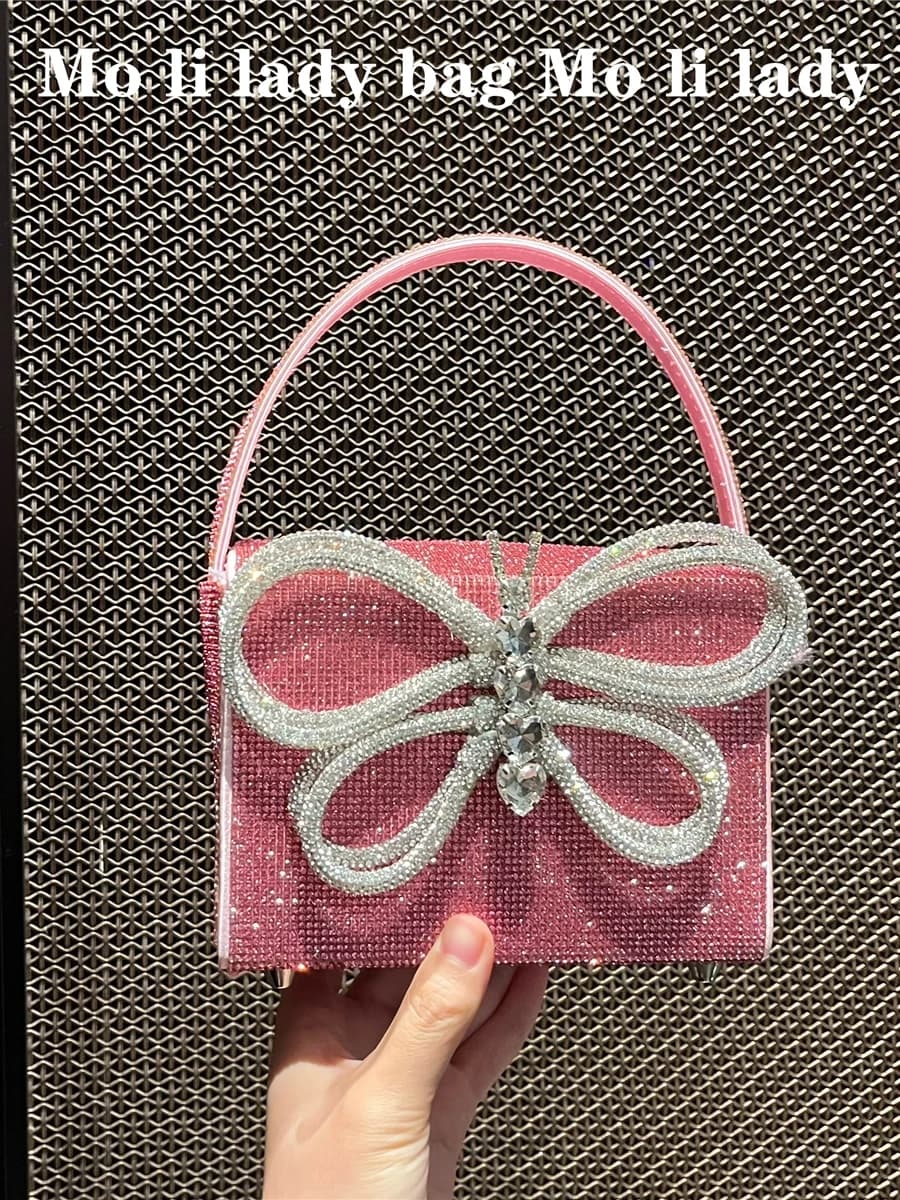 Shiny Diamond Embellished Knot Box Bag Sparkling Evening Handbag Small Square Gemstone Embedded Glittering Fairy Tale