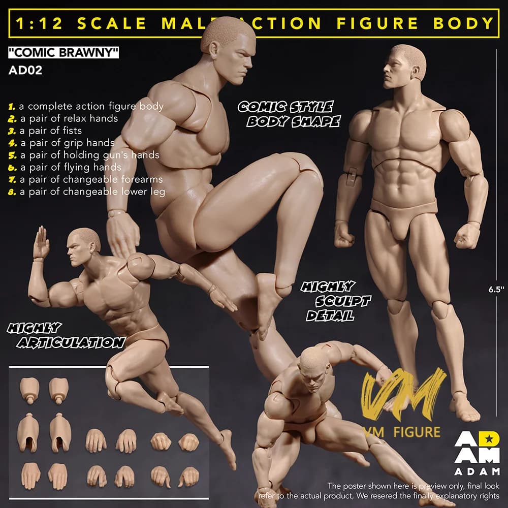 ADAM-AD02 1/12 Corpo Maschile Articolato con Muscoli Svilanciati, 6 Pollici, Super Flessibile, Action Figure da Soldato Fumetto, Giocattolo con Modello di Testa