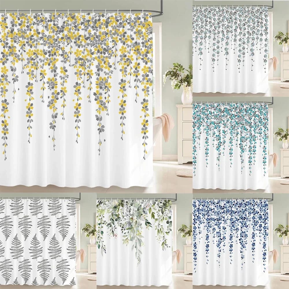 Piccole foglie floreali fresche Fiori Tenda da doccia Bagno Poliestere impermeabile Tende con stampa 3D multi-dimensione per doccia da bagno