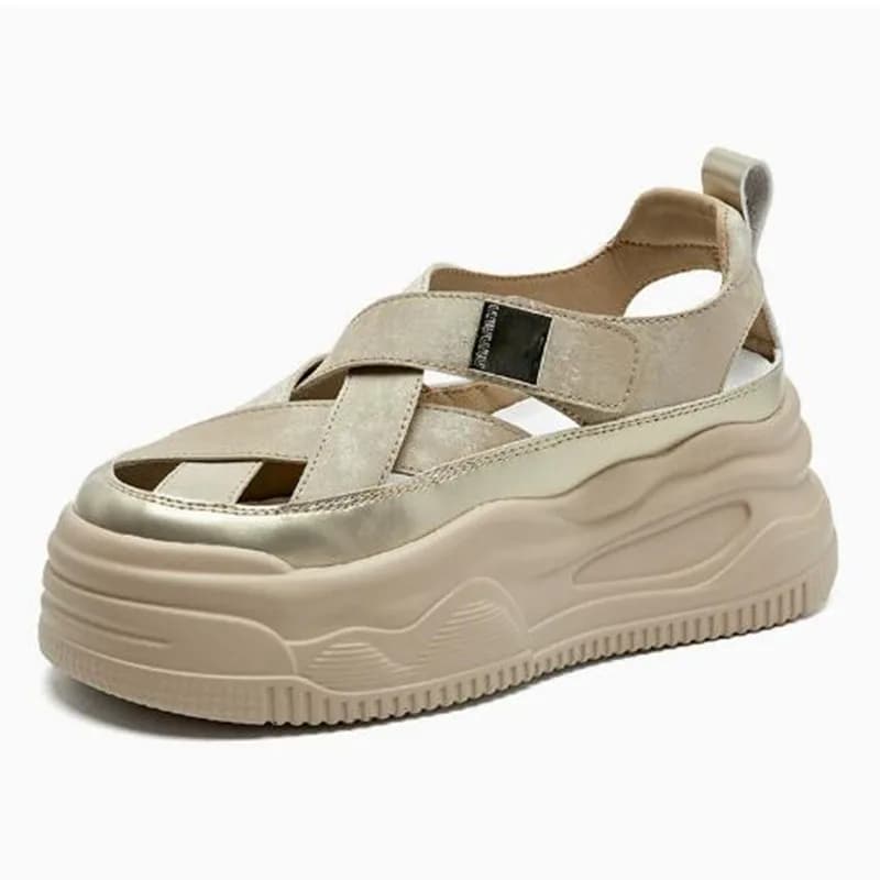 Cow Weave Genuine Synthetic Leather Sandals Flat Women Slippers 7cm Pumps Platform Wedge Hook 2026 Summer Hollow Fashion Shoes