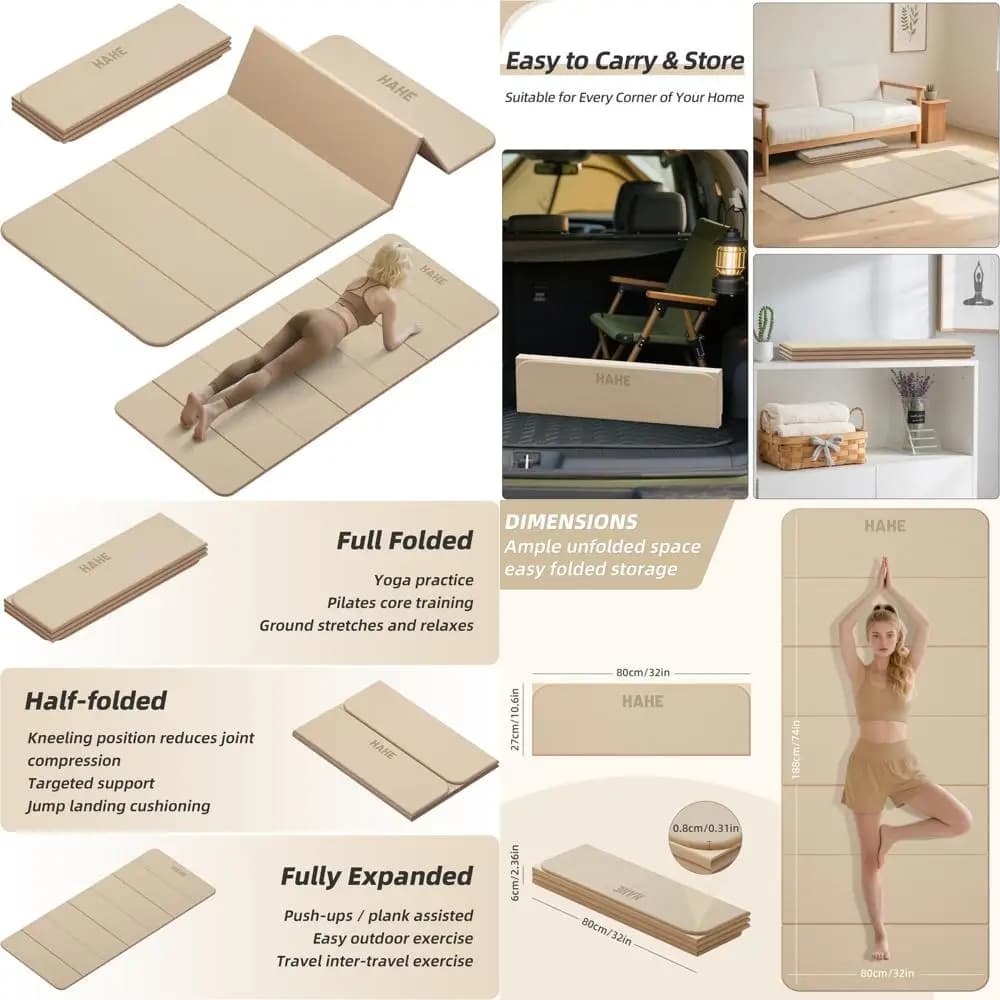 Foldable yoga mat large portable anti-slip, 74 l x 32 l, thickness 1/3, ideal for home and travel workouts, Pilates exercise mat