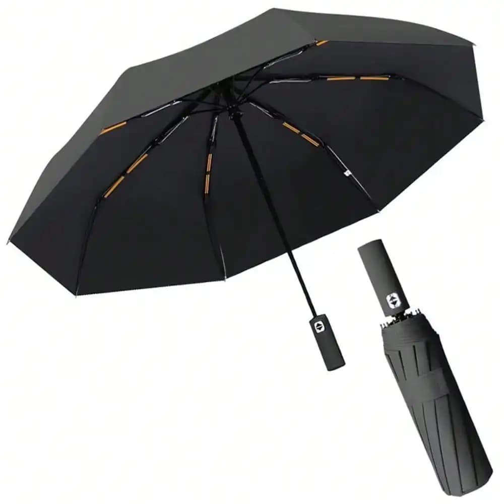 Automatic folding umbrella with 12 sticks with robust and durable structure, UV protection, folding in three parts, black color.