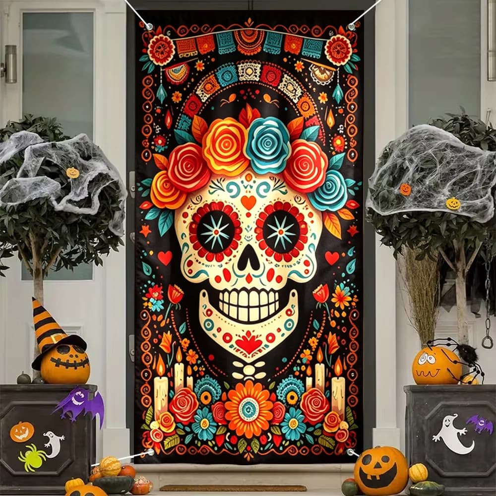 Rose Floral Sugar Skull Door Curtain Dia De Los Muertos Day of the Dead Door Banner with Candle for Halloween Yard Party Decor