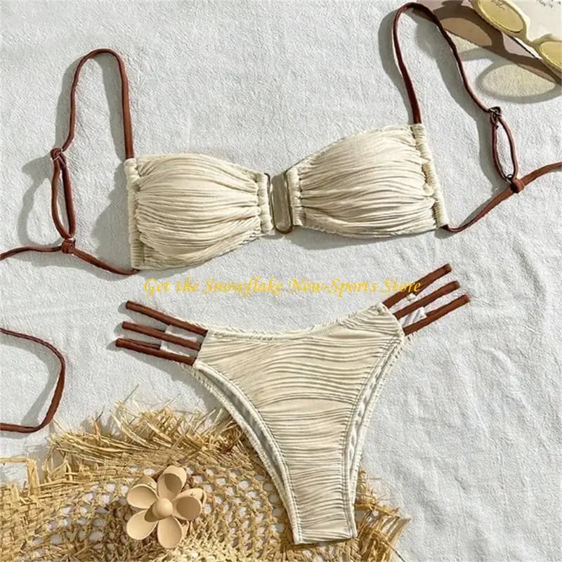 E56D Women Bandeau Swimsuit Set Low Waist Ruched Swimwears Strapless Bathing Suit