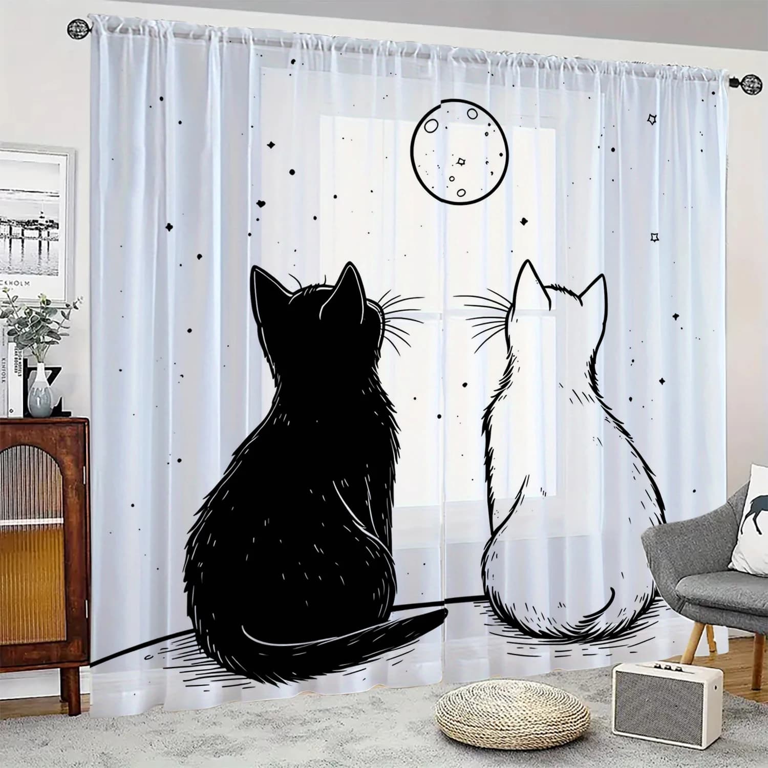 2 pezzi HD digitale gattino bianco e nero stampato schermo per finestra decorazioni per la casa decorazione in stile tenda per finestra del soggiorno