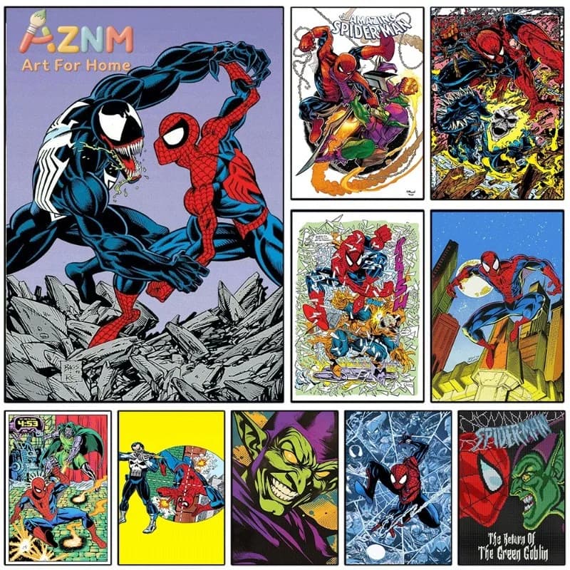 Spider Man Vs Venom Fight Canvas Wall Art Vintage Comic Superhero Print Collage For Teen Boys Bedroom Gaming Dorm Wall Unframed
