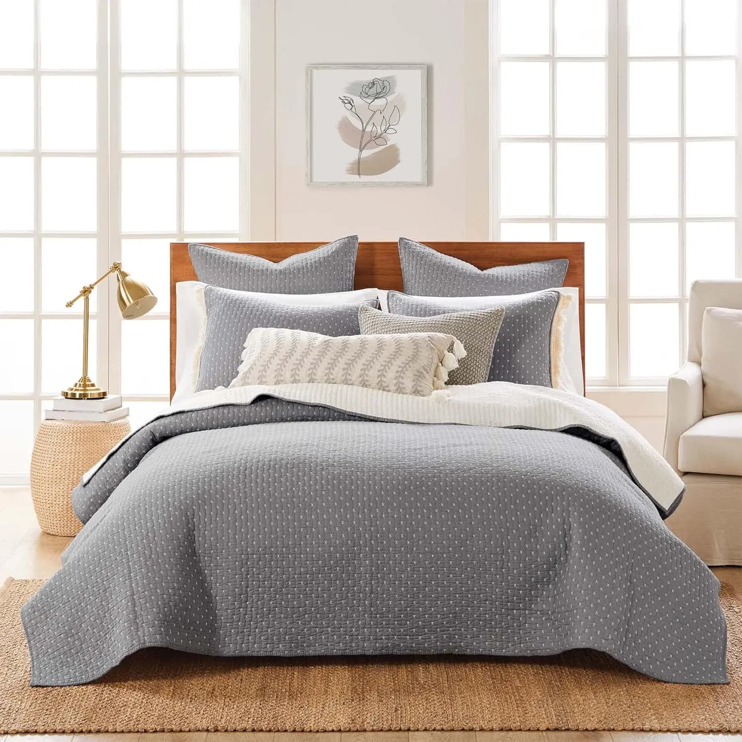 Set Copripiumino Reversibile a Punto Croce per Letto King/Cal King (106x92 pollici) e 2 Federe (36x20 pollici) - Texture a Punto - Grigio Bianco - Cotone K