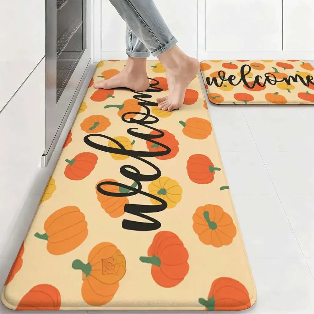 Set di tappetini da cucina con zucca pastorale americana "Benvenuto" Set antiscivolo resistente all'usura Atmosfera autunnale Tappetino per la casa Home Deco