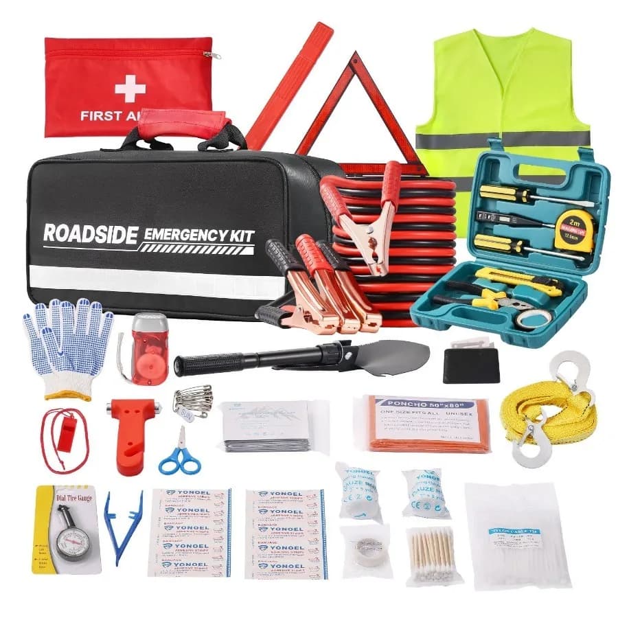 Kit di Emergenza per Auto 2-in-1 con Kit di Pronto Soccorso e Cavi di Avviamento, Kit Essenziale per Emergenze Stradali e Viaggi in Auto