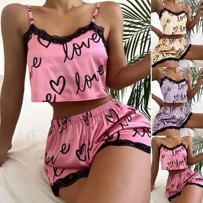 Set 2 Pezzi Pigiama Corto da Donna, Completo Intimo Stampato, Lingerie Sexy, Canotte e Camicie da Notte, Abbigliamento da Notte per Signore