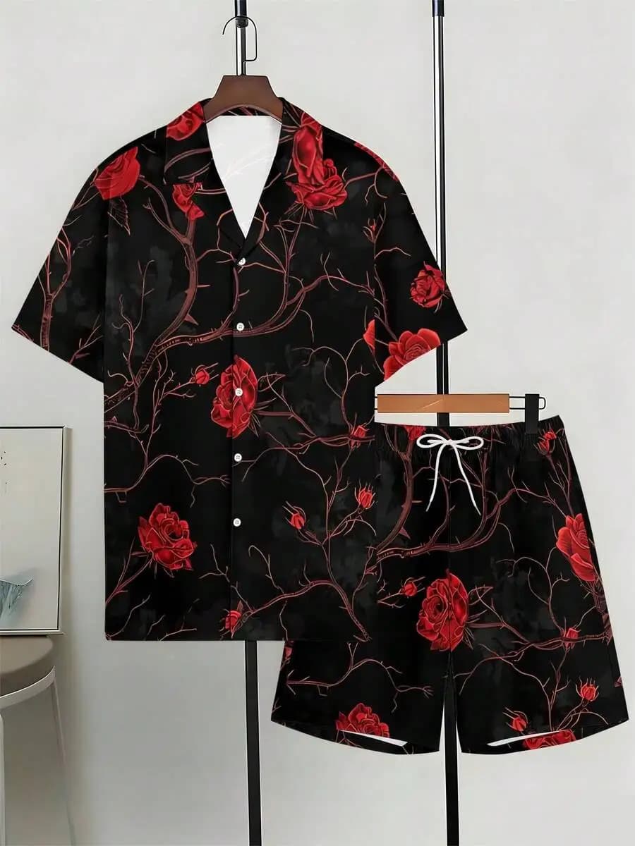 Set di camicia e pantaloncini da uomo con colletto cubano e stampa di rose rosse su sfondo nero