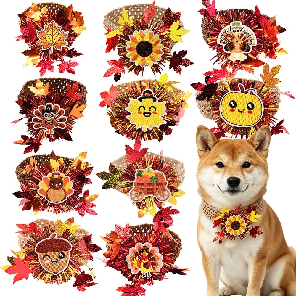 5/10PCS Handmade Dog Collars Elastic Thanksgiving Dog Bowties Shining Decorate Cartoon Turkey Maple Leaf Pet Supplies For Dogs