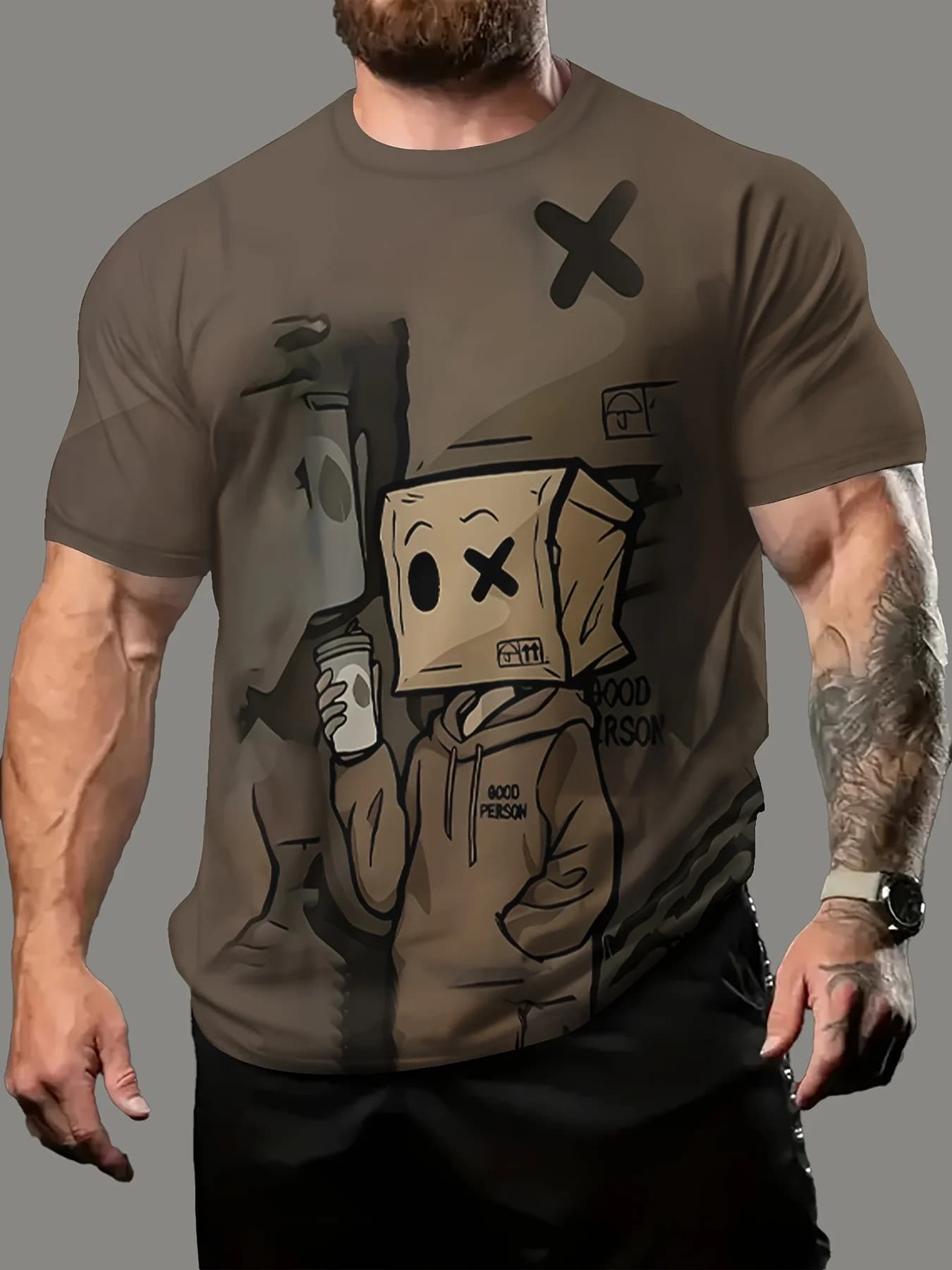 Men Short Sleeve T‑Shirt Box‑Head Character Graffiti Street Art Print Crew Neck Casual Tops