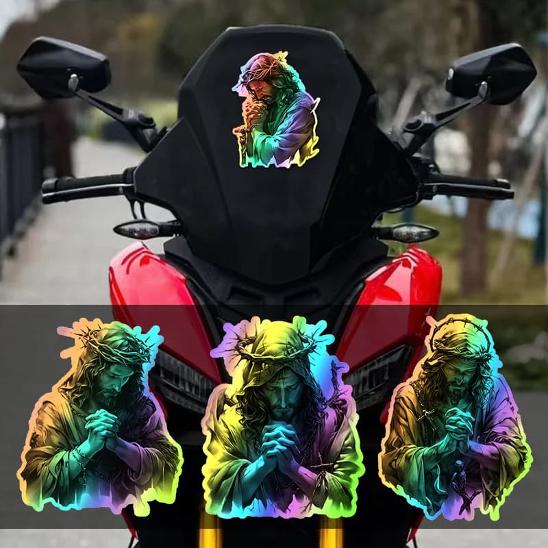 1Pc Jesus Prayer Laser Effect Sticker Waterproof Scratch-Resistant Religious Decal for Motorcycle Car Truck Laptop