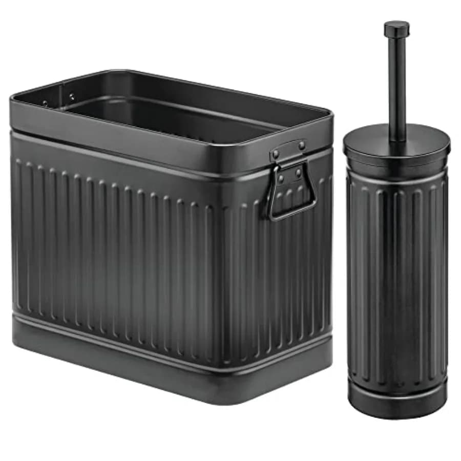 Set Combinato in Metallo: Spazzola per WC Compatta e Cestino Rettangolare per Rifiuti/Riciclo, per Pulizia e Conservazione Bagno, con Porta Fazzoletti