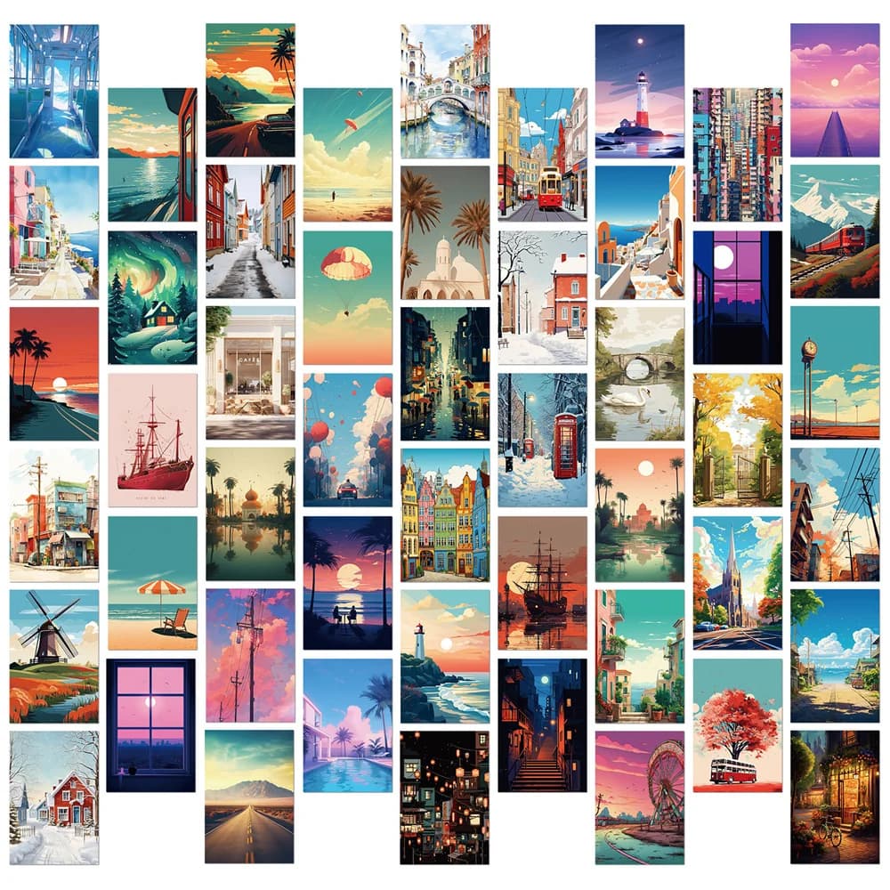 Set da 50 pezzi di cartoline della serie di paesaggi di strada dei cartoni animati, biglietti d'auguri in stile INS, decorazioni murali artistiche e biglietti per il servizio fotografico
