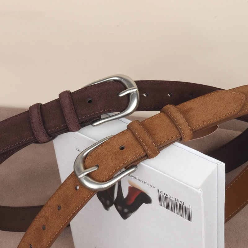 Cintura casual in vera pelle scamosciata da donna, cintura larga ed elegante per vestiti e jeans, con fibbia argentata.