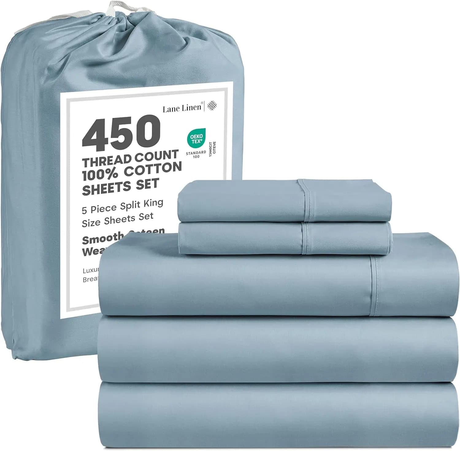 Set di Lenzuola Split King da 450 Fili per Letti Regolabili, 100% Cotone Satinato, Certificato Oeko-Tex, Lavabile in Lavatrice - Blu Francese
