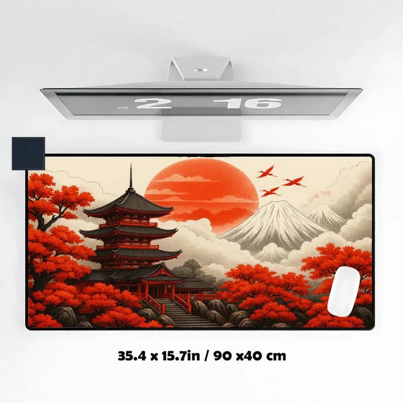 Tappetino da scrivania per tempio giapponese, tappetino per mouse da gioco antiscivolo e impermeabile, simpatico tappetino protettivo per desktop, un regalo ideale per gli amici.