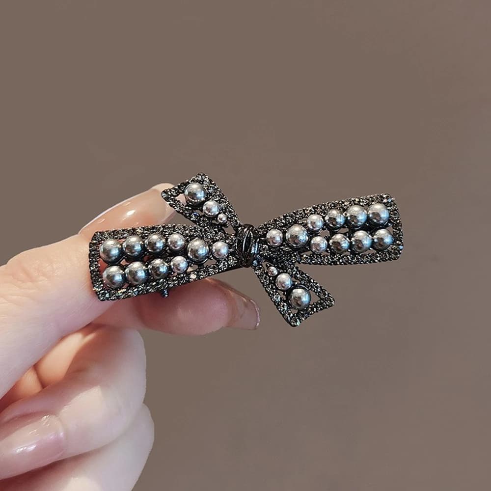 High End Black Pearl Rhinestone Bowknot Hairpins Women Girls Bangs Hair Accessories Simple Hair Clips