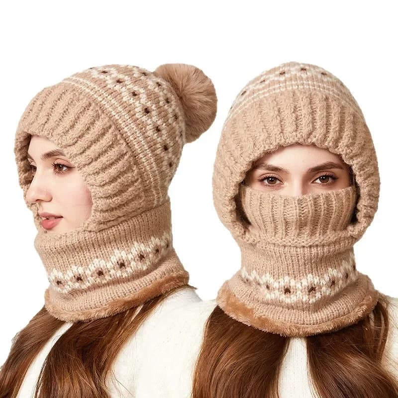 Winter Warm Knitted Hat with Scarf 2-in-1 Women Balaclava Cap Headgear Girl Ear Protection Hats Outdoor Windproof Beanies