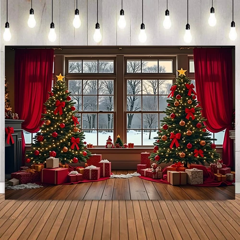 Natale caldo sfondo fotografico per interni Paesaggio di neve Tenda rossa Orsi giocattolo Albero di Natale Regali Ritratto di famiglia Sfondo fotografico