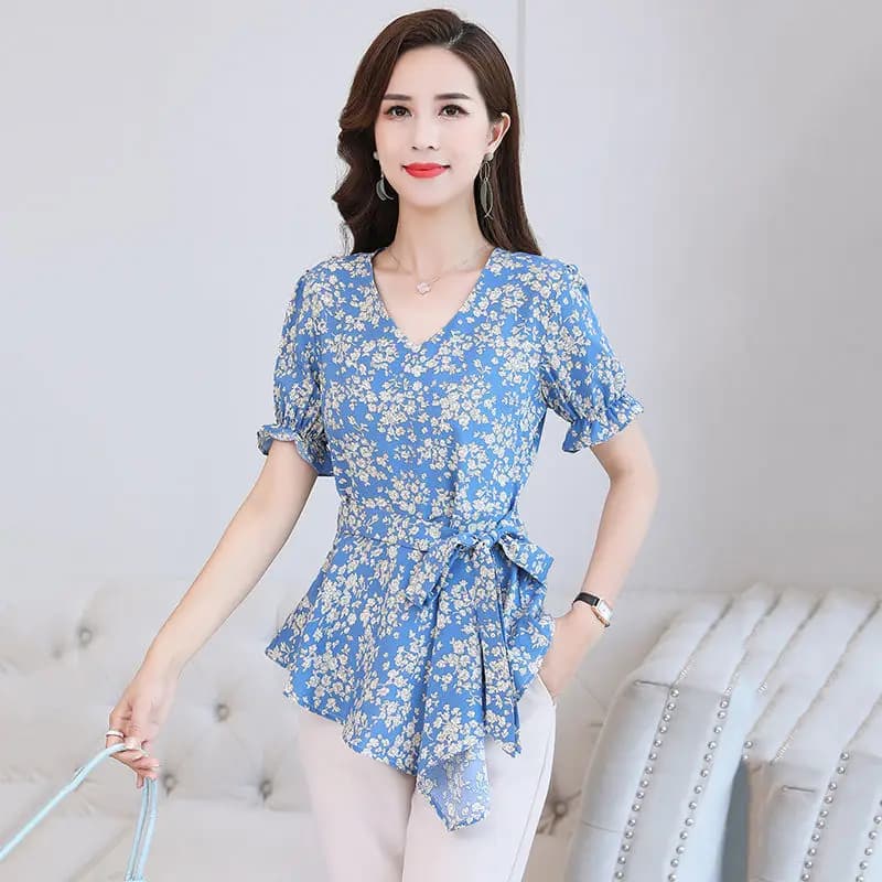Estate Allentato Casual Magliette e camicette Camicia Asimmetrica Elegante Increspature Pieghe Fasciatura Arco Irregolare Camicetta Floreale Abbigliamento Donna 2025