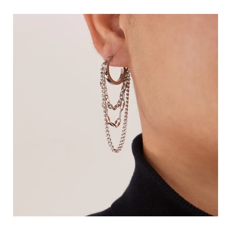 New Personalized Fashion Stud Earrings Men's Trend Versatile Stainless Steel Fringed Long Chain Earrings