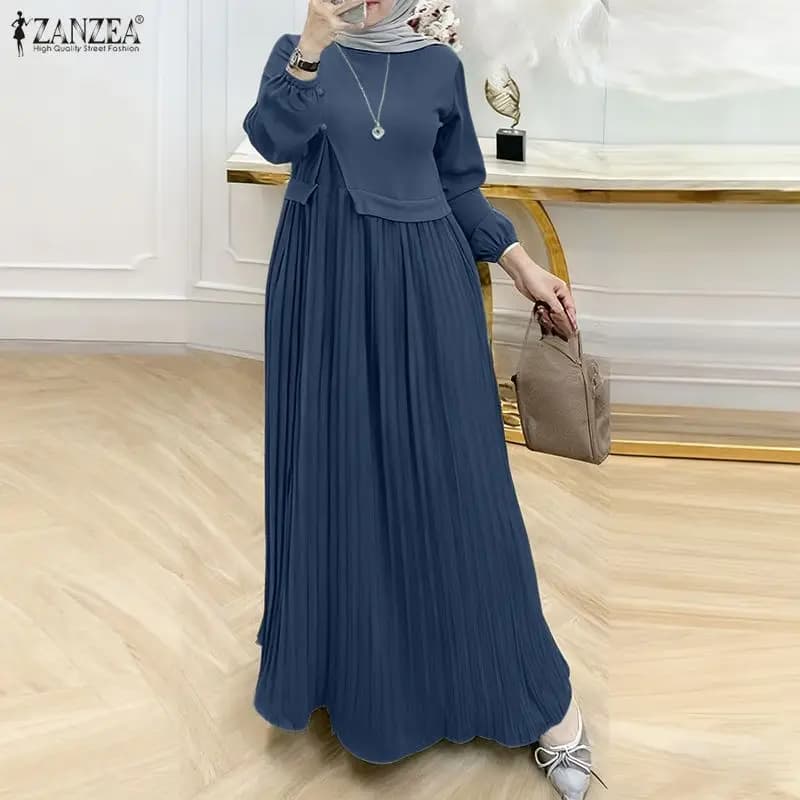 Abito Ramadan ZANZEA, Abaya Musulmana con Hijab, Vestito Lungo da Donna, Abiti Primaverili Patchwork, Elegante Vestito Lungo a Maniche Lunghe con Pieghe