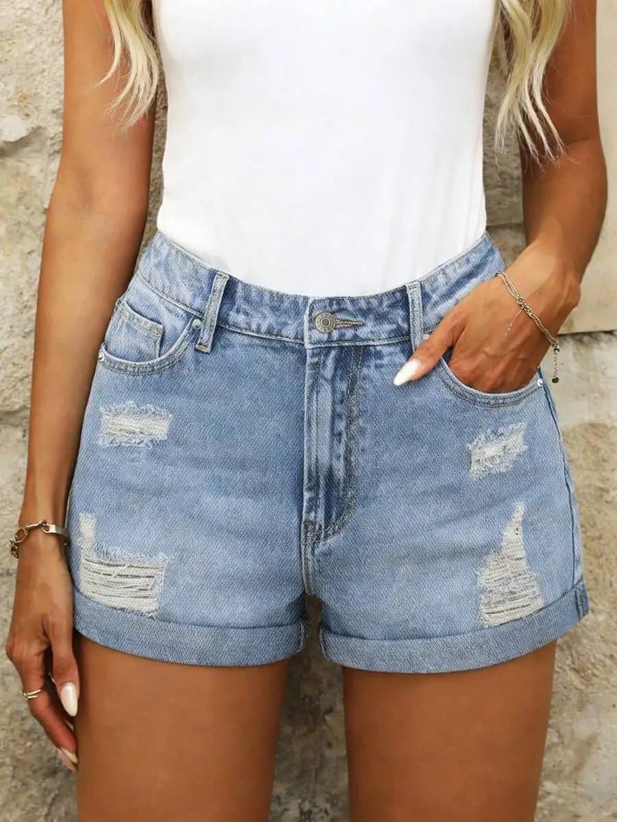 Casual Women Denim Bermuda Shorts With Ripped Details Pockets Zipper Fly
