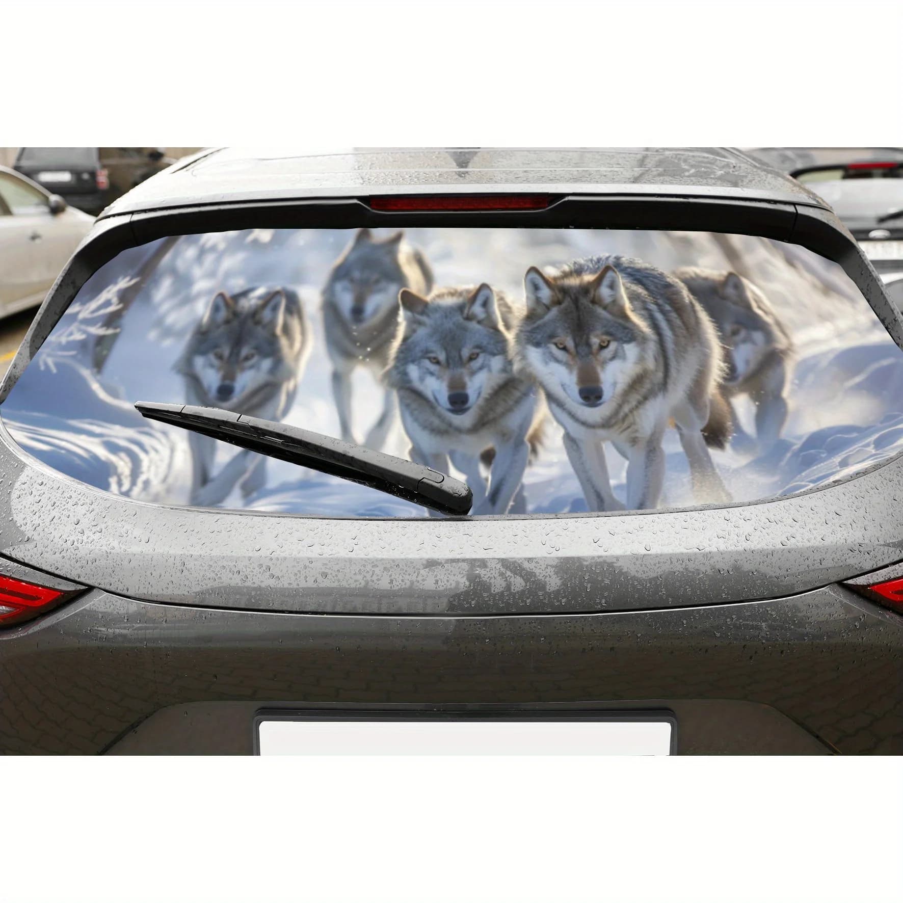 Snowy Wolf Pack PVC Perforated Car Vinyl Wraps, Privacy Enhancing Design for Rear Window, Car Rear Windshield Sticker for Most T