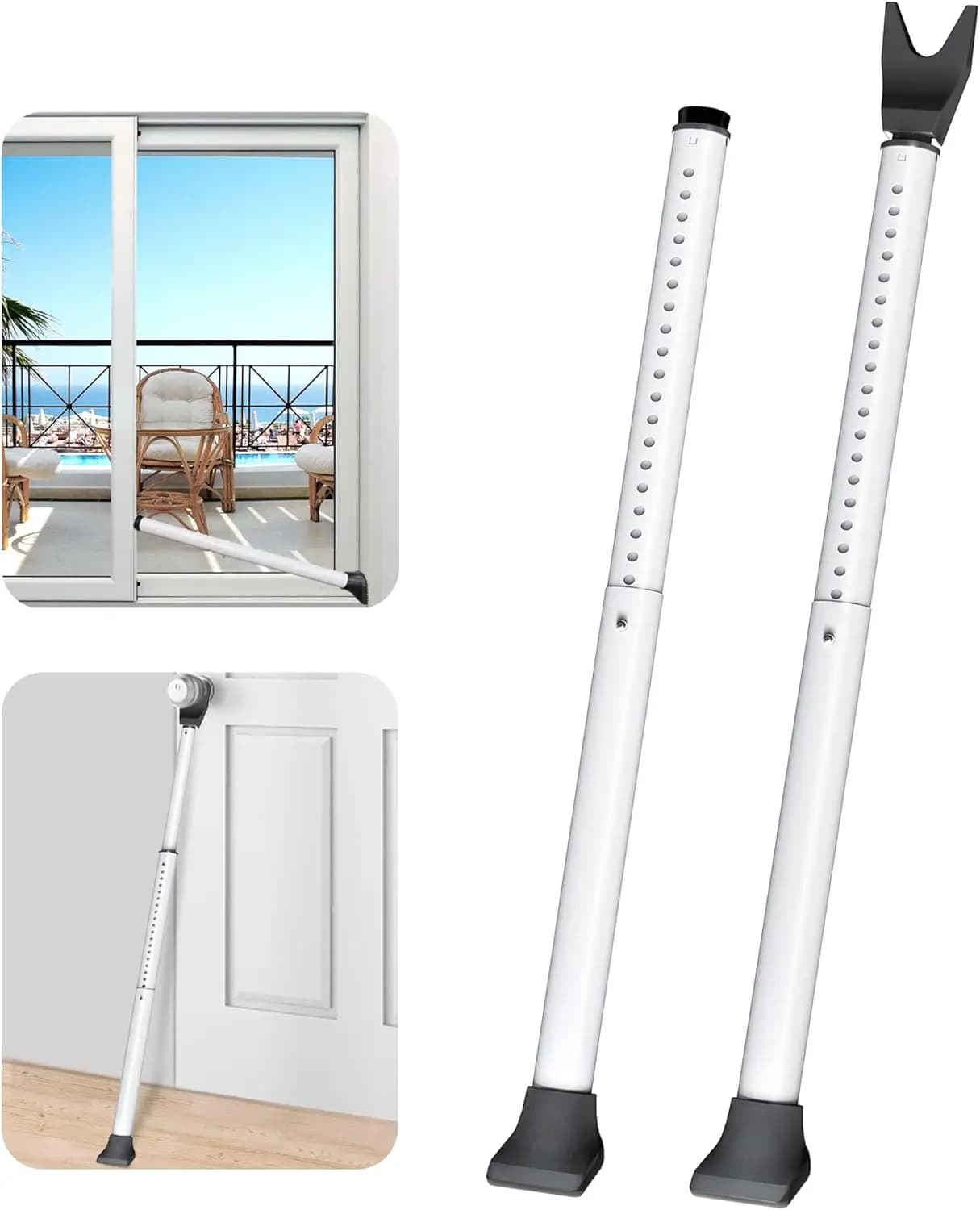 Barra di sicurezza per porta regolabile aggiornata e tappo scorrevole per patio, inceppatore resistente per viaggi a casa (confezione da 2, bianco)