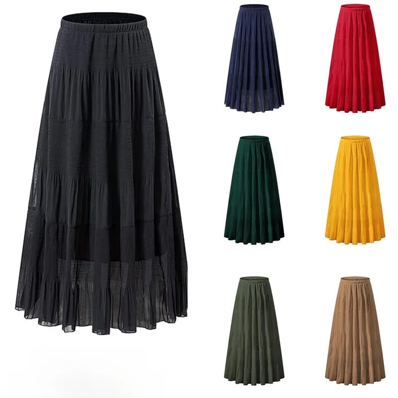 High Waist A-Line Long Skirt Women's Casual Elastic Waist Layered Pleat Half Body Skirt Elegant Draped Midi Skirt