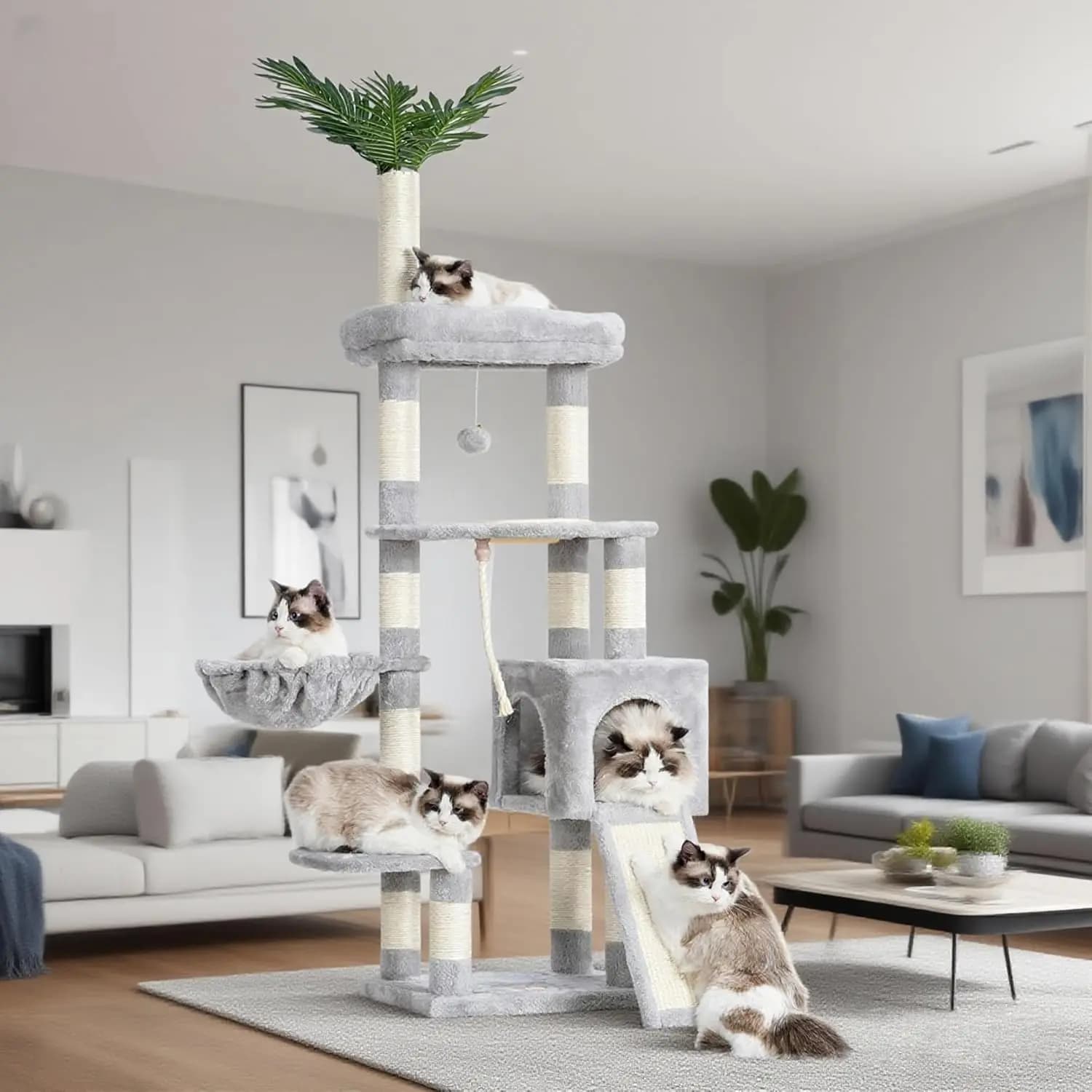 Torre per gatti multilivello da 65,4 pollici con tiragraffi, posatoi, cestelli e stazione di alimentazione per gatti da interni