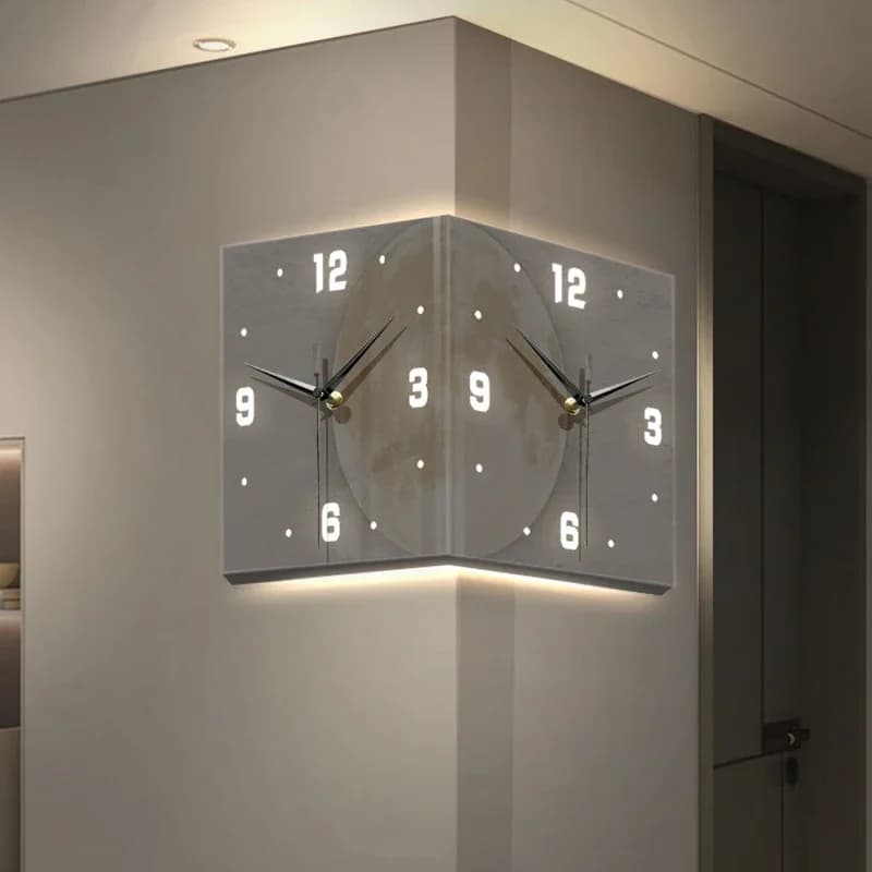 Orologio da parete ad angolo creativo Soggiorno Grandi orologi a LED Arte da parete luminosa Orologi silenziosi bifacciali Decorazione per camera da letto