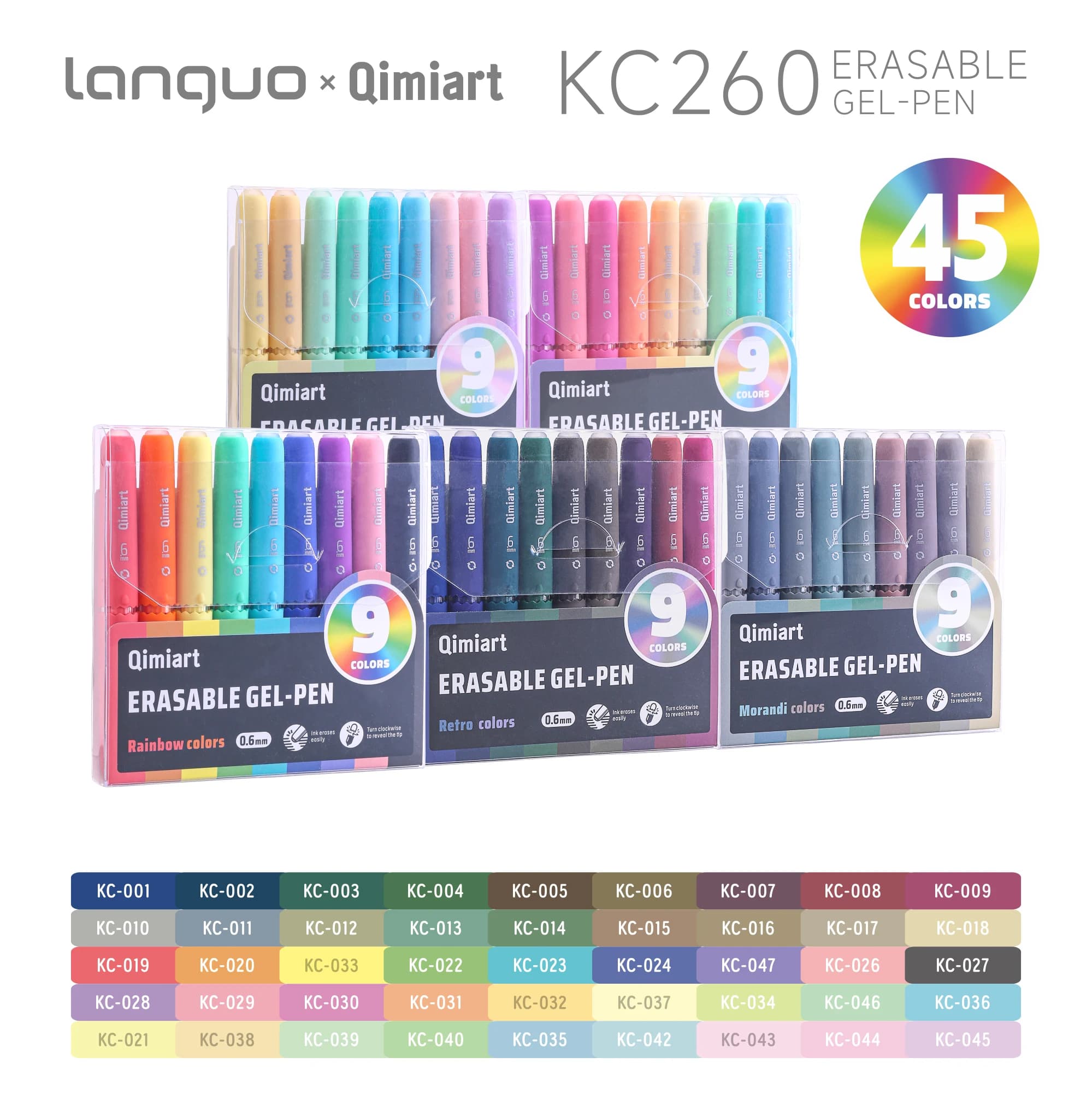 LANGUO Penne Gel Cancellabili da 0,6 mm, Retrattili a Punta Fine, 9 Pezzi/Scatola, per Scrittura e Disegno, Inchiostro Cancellabile, Forniture per Scuola e Ufficio